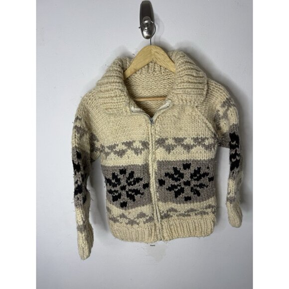 Vintage Cowichan-Style Wool Zip Sweater Cream Gray Snowflake Pattern Women XS - Picture 1 of 5